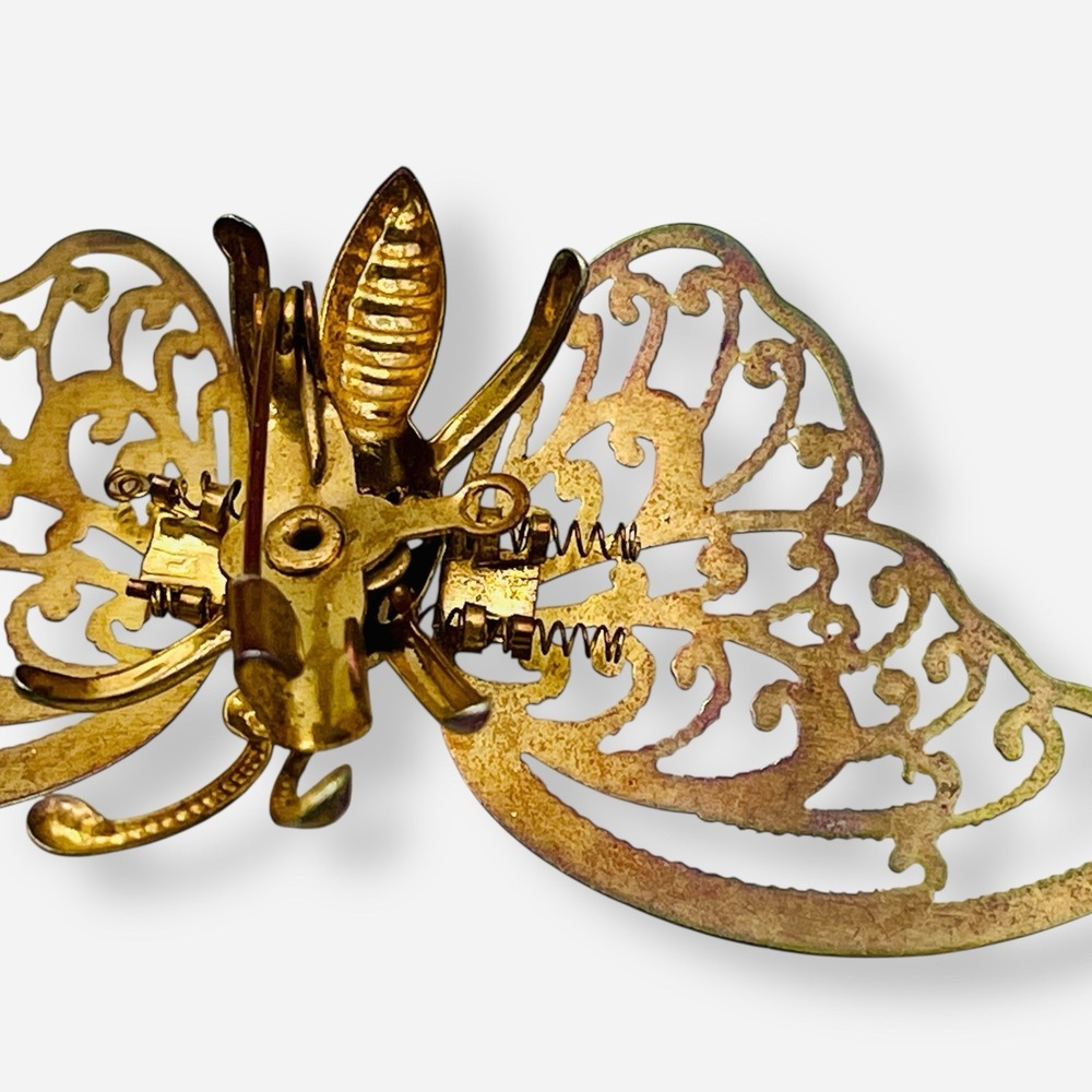 Vintage Butterfly Trembler Gold Tone Brooch Pin Spring Moving - Picture 5 of 7
